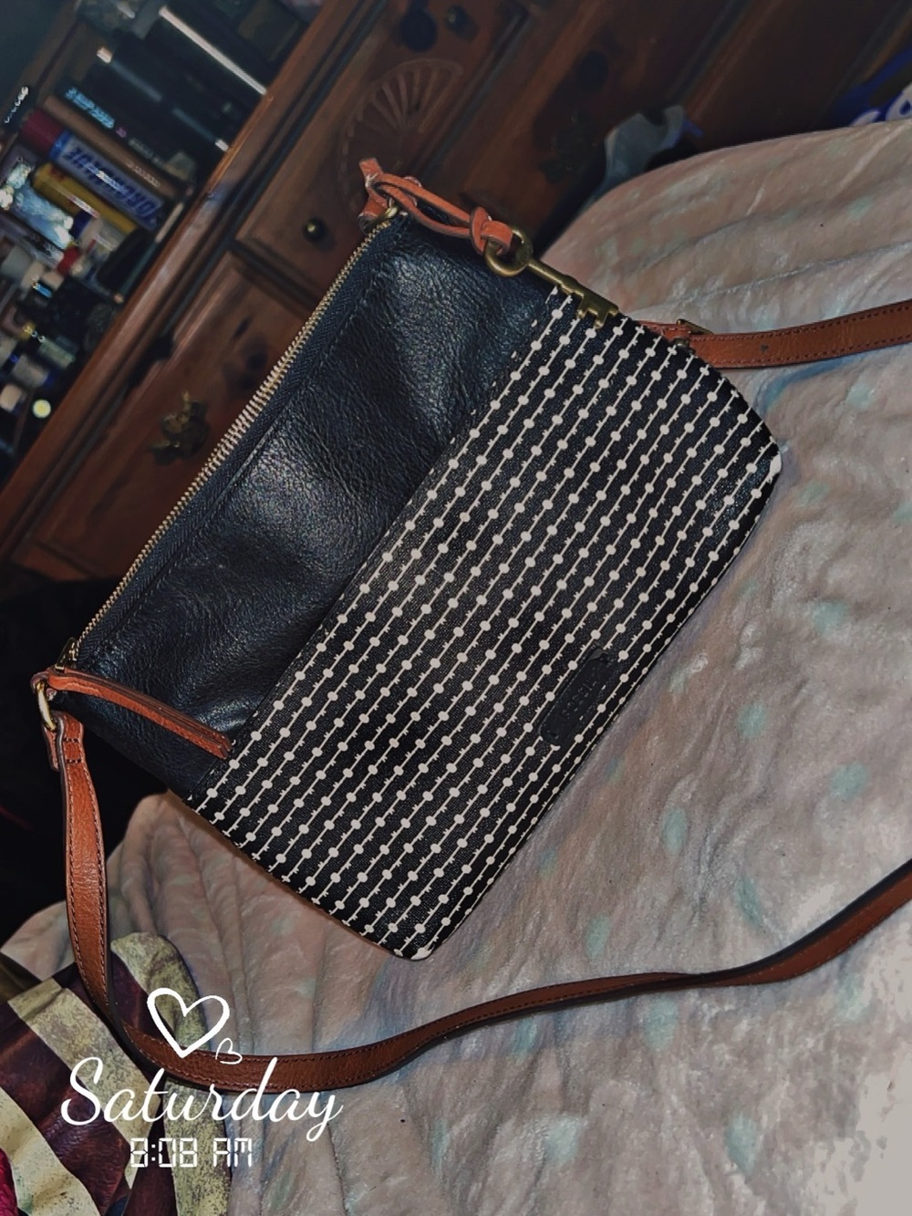 Fossil Black & White Pattern Crossbody with Brown Strap